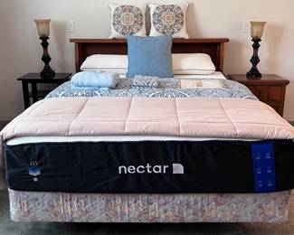 Nectar Mattress, Vintage Headboard/Bookshelf, Torchiere Table Lamps pr, Nightstand, Nightstand, Bedding