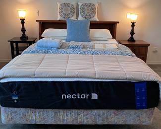 Nectar Mattress, Vintage Headboard/Bookshelf, Torchiere Table Lamps pr, Nightstand, Nightstand, Bedding