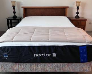 Nectar Mattress, Vintage Headboard/Bookshelf, Torchiere Table Lamps pr, Nightstand, Nightstand, Bedding
