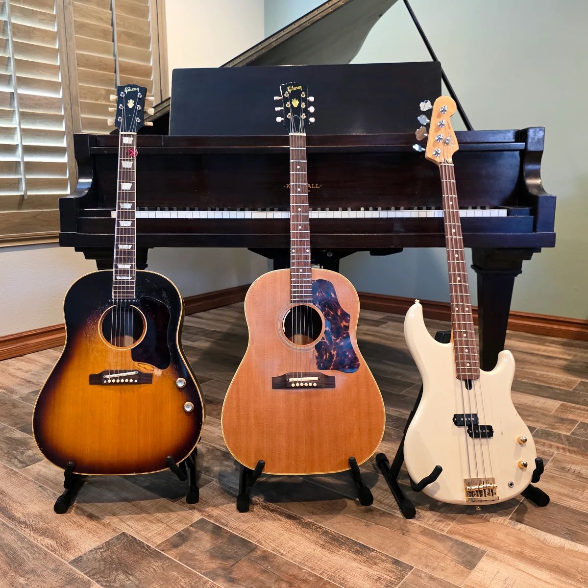 1962 Gibson J-160E guitar (Beatles - Serial # is 1 digit from John Lennon's guitar), 1963 Gibson J-50, Custom bass guitar with Fender neck