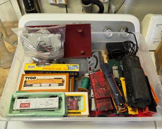 Vintage model railroad, locomotives, cars, tracks, and accessories