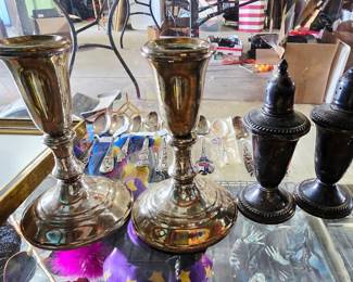 Sterling Silver Candle Sticks and Salt & Pepper