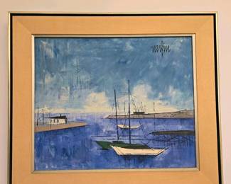 076 framedoriginalharborscenepaintingby