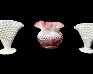 Fenton Cranberry Opalescent Hobnail Vase  Milk Glass Hobnail Vases