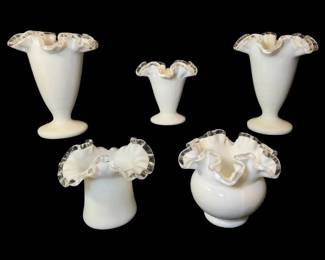 Fenton Silver Crest Ruffled Milk Glass Vases 5 Total