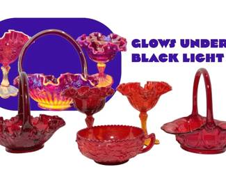 Fenton Ruby Red Baskets, Amberina Compotes,  Indiana Slag Glass Bowl