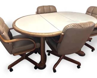 Wooden Dining Table  Four Rolling Dining Chairs