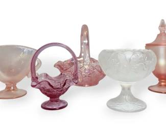 Fenton Satin Water Lily Compote, Pink Glass Baskets,  Iridescent Velva Rose Fish Handled Vases