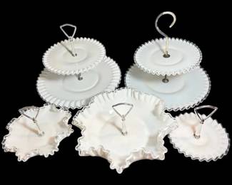 Fenton Silver Crest Ruffled Milk Glass Tiered Serving Trays