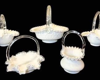 Fenton Silver Crest Ruffled Milk Glass Baskets 5 Total