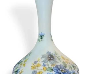 Italian Frosted White Vase w Blue  Green Flowers