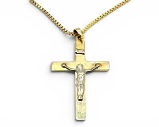 14k Gold Crucifix Pendant On 30 Box Chain 7.04g Total