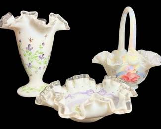 Fenton HandPainted Art Glass  Silver Crest Vase, Ruffled Bowl,  Iridescent Basket