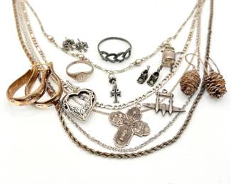 Sterling Silver Chains, Charms, And Earrings 53g Total