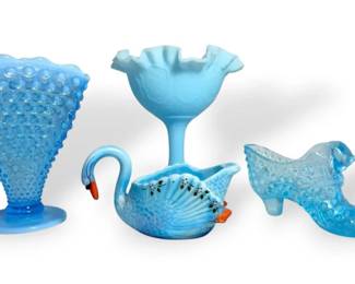 Fenton Blue Satin Glass Persian Medallion Compote, Opalescent Hobnail Vase, Cat Head Slipper,  Swan
