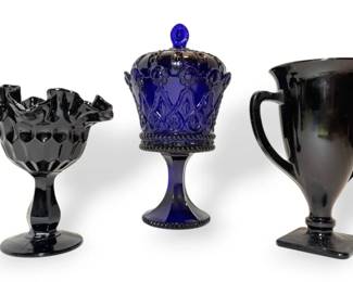 Fostoria Hapsburg Cobalt Blue Crown Chalice, Fenton Black Thumbprint Compote,  L.E. Smith Vase