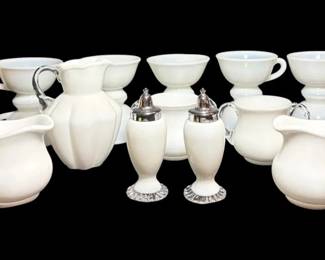 Fenton Silver Crest Milk Glass Pitcher, Sugar  Creamer Set, Shakers, And Teacups