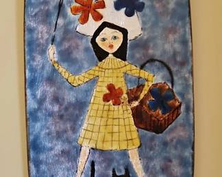 Enamel Plaque with Girl and Cat