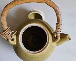 Olive Green Ceramic Teapot with Rattan Handle second image