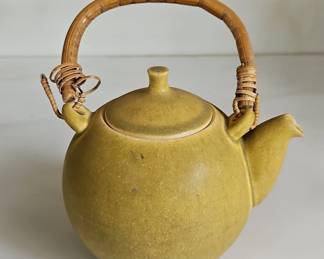 Olive Green Ceramic Teapot with Rattan Handle