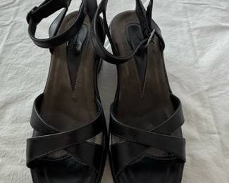 Womens Black Leather Wedge Sandals