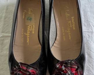 Salvatore Ferragamo Black Patent Heels with Tartan Bow