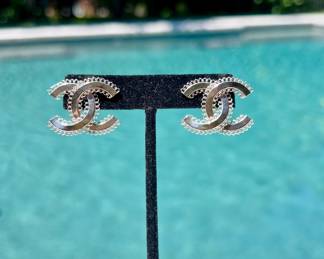 Chanel Silver Tone “CC” Pierced Earrings