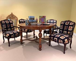 Antique Spindle table $1295 Custom Upholstered game chairs $895 set