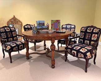 Antique Spindle table $1295 Custom Upholstered game chairs $895 set