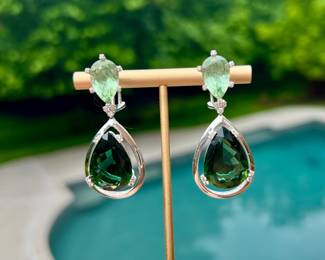 18kt White Gold Green Tourmaline & Diamond Earrings~