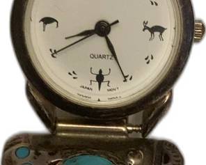 Native American Style Sterling Silver Watch with Turquoise and Coral Inlay