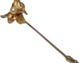 Karbra Vintage Gold Tone Floral Stick Pin with  Pearl Accent