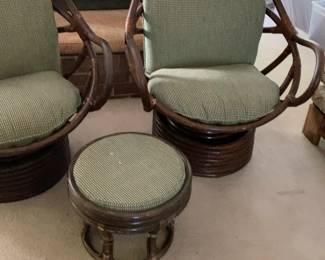 Vintage Bamboo Swivel Rocker Chairs with Matching Ottoman