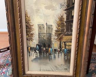 Vintage Parisian Street Scene Oil Painting in Carved Wood Frame