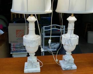 Vintage Carved Alabaster Marble Table Lamps - Pair