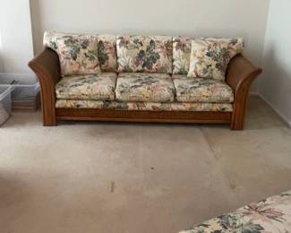 Vintage Floral Wicker Arm Sofa with Matching Throw Pillows