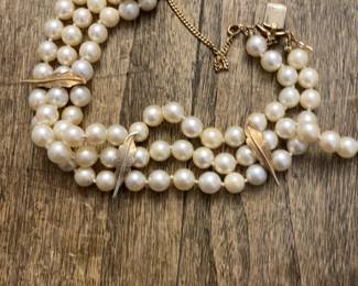Vintage Multi-Strand Cultured Pearl Bracelet with14k  Gold  Leaf Accents