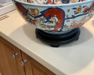 Large Japanese Imari Style Porcelain Punch Bowl with Wooden Stand