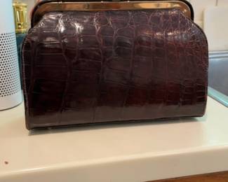 Vintage Brown Crocodile Embossed Frame Clutch Bag