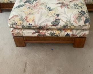 Floral Print Upholstered Ottoman with Rattan Detail