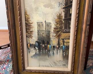 Vintage Parisian Street Scene Oil Painting in Carved Wood Frame