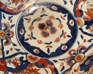 Large Japanese Imari Style Porcelain Punch Bowl with Wooden Stand