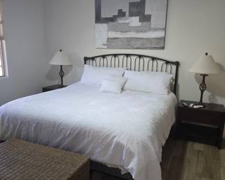 King size framed bronze bed/Brooklyn  Bedding Co.with 2 specialized electric bed with motors & comfort (remotes work)/ white king size bedding