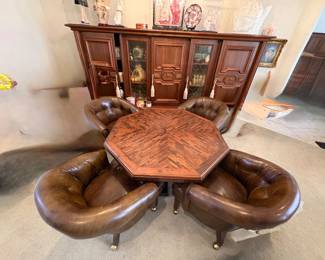 Mid Century Wood Inlaid Octagon Table and Quilted Chairs