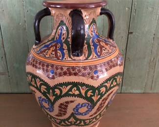 Vintage hand made and painted Moraccan water vessel. Four handles. Signed.