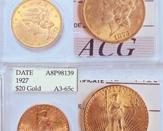 1873 $20 gold Liberty coin graded & 1927-P $20 Gold Saint St Gaudens MS62 Double Eagle