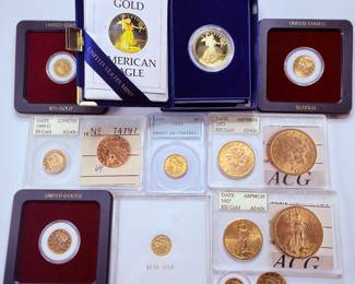 Gold & Silver Coins Including: 1909-D graded $5 Gold Coin,  1903 $5 Gold Coin 1880 $5 Gold Coin [2) $2.50 Gold Coins including 1928 & 1856, 1903 MS60, Graded 1873 $20 Gold Coin, 1927 $20 Saint St. Gaurdens Double Eagle Gold Coin,1923 P King George, Gold American Eagle & More 