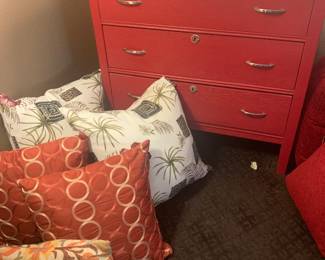 Superb Collection of Designer Pillows, Red Painted Dresser
