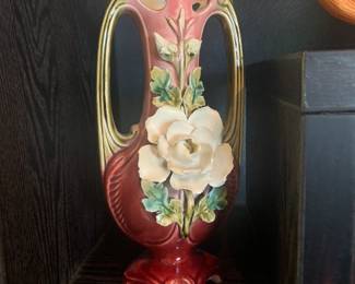 French Majolica Double Handle Vase with Raised Flowers