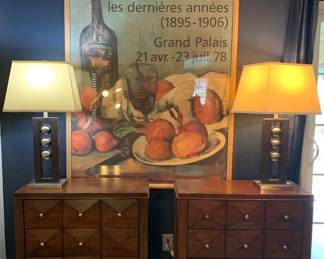 Cezanne Grand Palais Exhibition Poster, Pair of Diamond Front Walnut Nightstands, Pair of Modern Table Lamps